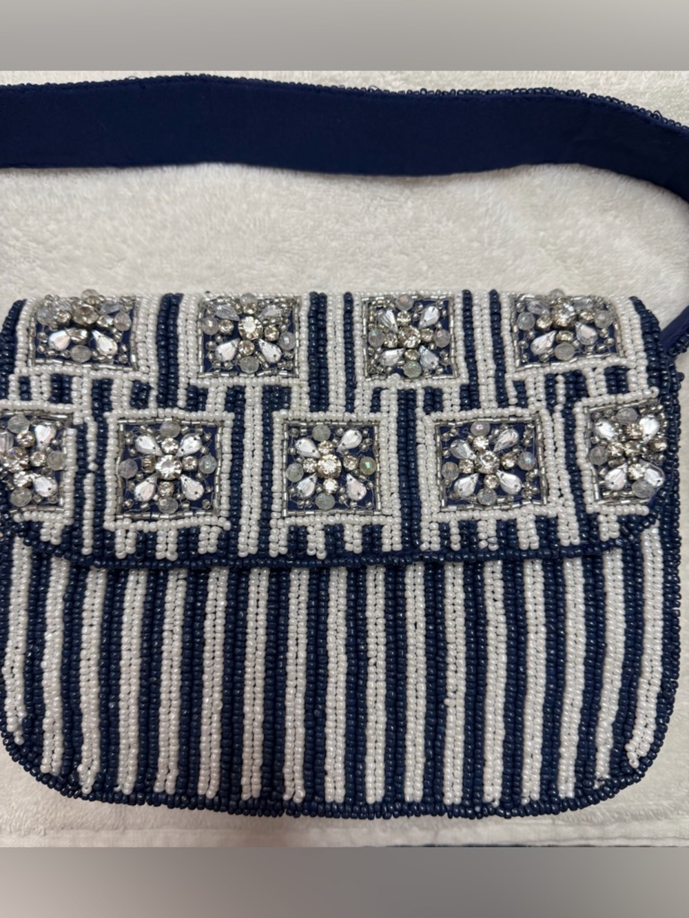 Studio 12 Blue & White Beaded Shoulder Bag Rhinestone Floral New With Tags - Picture 2 of 7